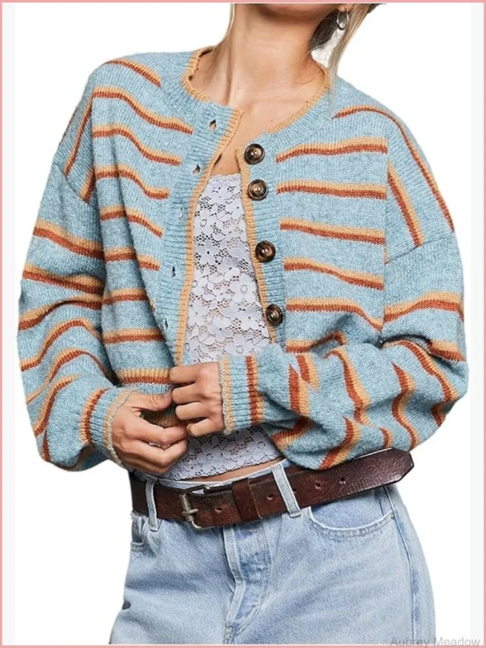 Women's Lightweight Striped Button-Up Cropped Knit Cardigan Long Sleeve Top